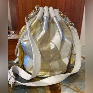 Incredible Brizzolari Purse Patchwork Leather Gold Hardware Bucket Bag Crystals